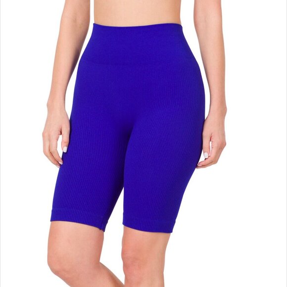 Seamless Ribbed High Rise Biker Shorts, Royal Blue - Picture 1 of 3